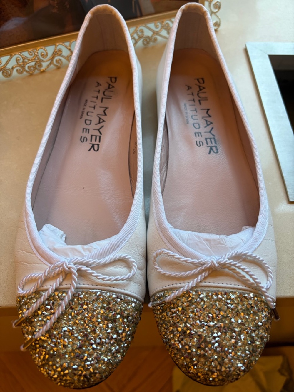 Paul Mayer Attitudes White Ballet Flats with Silver Glitter Cap Toe and Bow